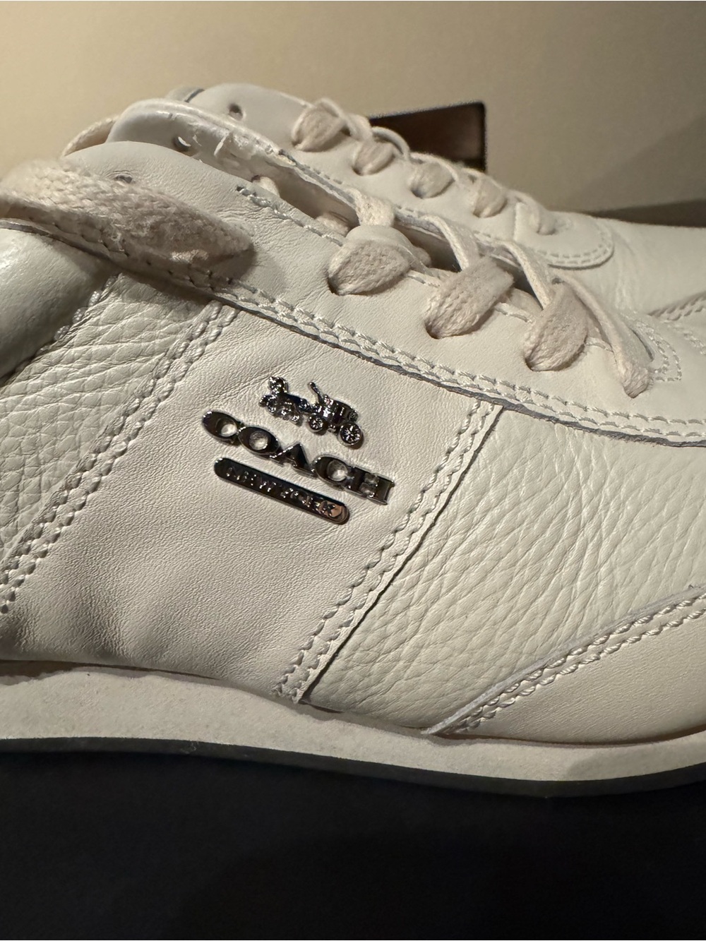Coach Cream Leather Low-Top Sneakers with Silver Metal Logo - Picture 4 of 9